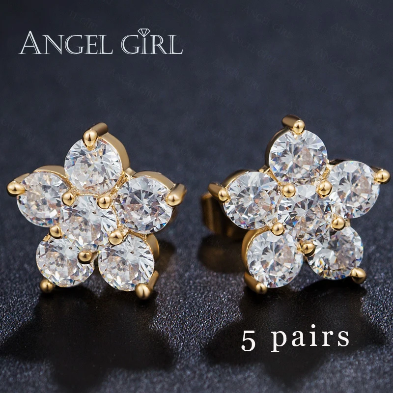 Angel Girl Popular 5 Pair/Pack Gold Color Flower Stud Earrings With Clear Cubic Zirconia For Women 12mm free shipping
Angel Girl Popular 5 Pair/Pack Gold Color Flower Stud Earrings With Clear Cubic Zirconia For Women 12mm free shipping