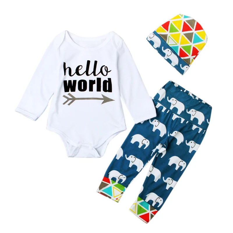 Cute Baby Clothing Hello World Baby Jumpsuits + Pants + Hat 3pcs Cartoon Elephant Outfits Boys Girls Baby Clothes Sets New
Cute Baby Clothing Hello World Baby Jumpsuits + Pants + Hat 3pcs Cartoon Elephant Outfits Boys Girls Baby Clothes Sets New
