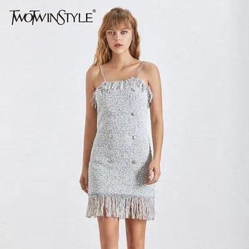 TWOTWINSTYLE Summer Sequined Tassel Mini Dress Party Women Sleeveless Off Shoulder Sexy Spaghetti Strap Dresses Female Fashion
TWOTWINSTYLE Summer Sequined Tassel Mini Dress Party Women Sleeveless Off Shoulder Sexy Spaghetti Strap Dresses Female Fashion
