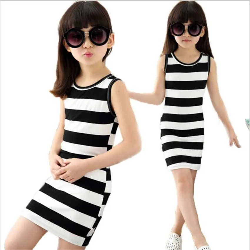 

Children dressed in black clothes and white stripes 100% Cotton 3-14 years old vest dresses for teens