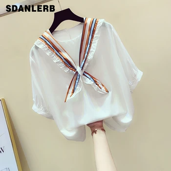 Ruffles Shirt Female Summer New Korean Style Doll Neckline Bow Tie Loose Short Sleeved Chiffon Shirts Blouse Girls Lady Tops
Ruffles Shirt Female Summer New Korean Style Doll Neckline Bow Tie Loose Short Sleeved Chiffon Shirts Blouse Girls Lady Tops