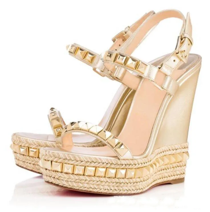 

Famous Ladies Red Bottom Wedge Cataclou Sandals Gold Patent Leather Studded Ladies Ankle Strap Women's Pumps Party Dress EU35-41
