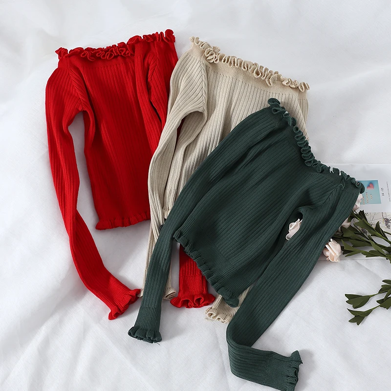Women Spring Autumn Slash neck Long Flare Sleeve Pullovers Basic Ruffles Sweaters Vintage Short Elastic Knitted Sweaters Tops
Women Spring Autumn Slash neck Long Flare Sleeve Pullovers Basic Ruffles Sweaters Vintage Short Elastic Knitted Sweaters Tops