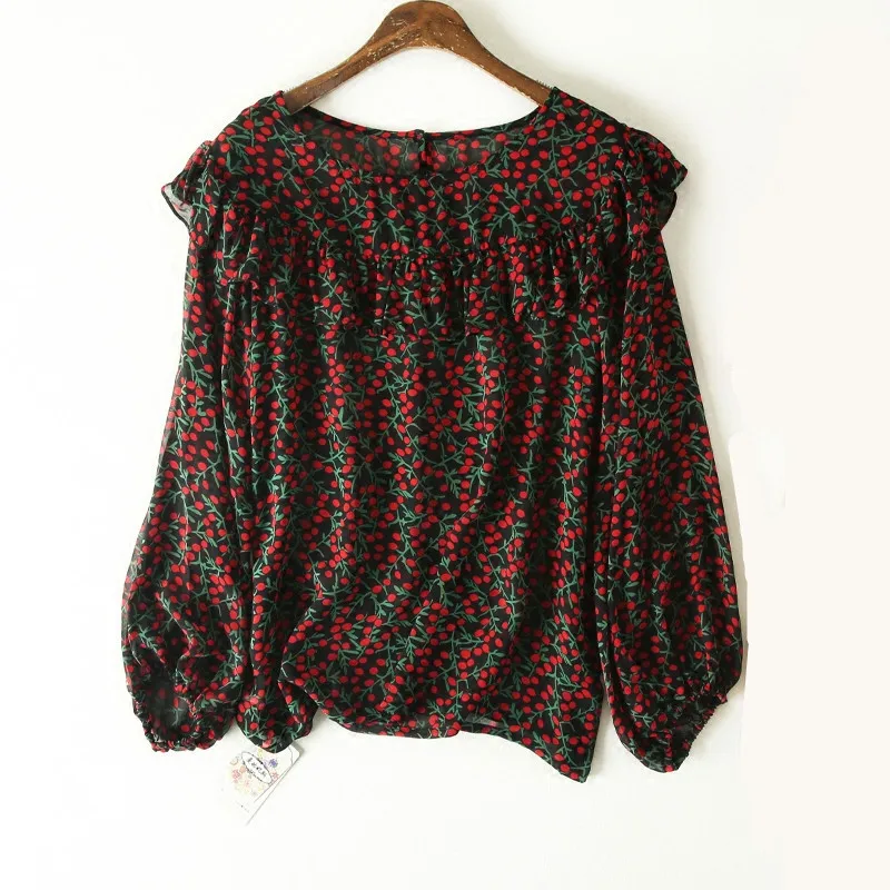 Vintage Floral Printed Female Silk Blouse Natural Silk Boho Blouses with ruffle for women Sweet Long Sleeve Cherry print Blouses
Vintage Floral Printed Female Silk Blouse Natural Silk Boho Blouses with ruffle for women Sweet Long Sleeve Cherry print Blouses