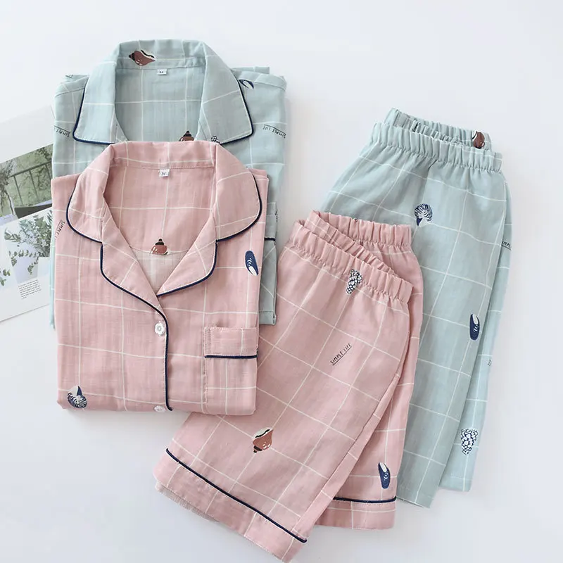 100% Cotton Gauze Short Sleeve Shorts Couples Pajamas Conch Plaid Printing Pijamas Summer Loungewear Women Sleepwear Home Sets
100% Cotton Gauze Short Sleeve Shorts Couples Pajamas Conch Plaid Printing Pijamas Summer Loungewear Women Sleepwear Home Sets