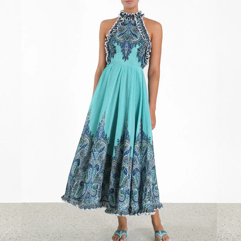 2019 Runway Designer Print Ruffles Blue Woman Maxi Dress Sleeveless Off Shoulder Pleated Collar Long Dress Holiday Vestidos
2019 Runway Designer Print Ruffles Blue Woman Maxi Dress Sleeveless Off Shoulder Pleated Collar Long Dress Holiday Vestidos