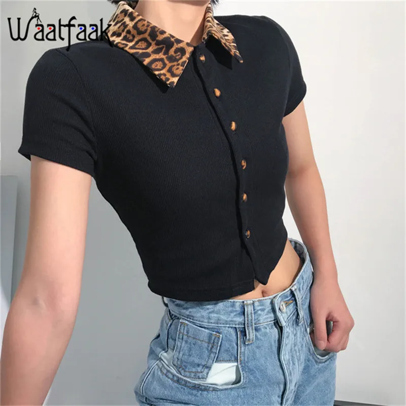 Waatfaak Rib Ladies Blouses Patchwork Leopard Turn-down Collar Button Black Shirt Women Crop Tops Casual Short Sleeve Shirts Top
Waatfaak Rib Ladies Blouses Patchwork Leopard Turn-down Collar Button Black Shirt Women Crop Tops Casual Short Sleeve Shirts Top