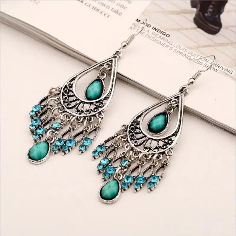 

Women Vintage Bohemia Dangle Earrings carved Irregular Drop Tassel Pendant dangler BLUE & BLACK