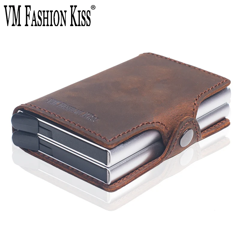 

VM FASHION KISS RFID Crazy Horse Leather Mini Wallet Security Information Double Box Aluminum Credit Card Holder Metal Purse