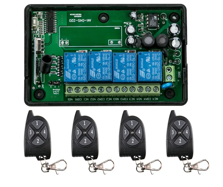 AC85v~250V 110V 230V 4CH RF Wireless Remote Control Relay Switch Security System Garage Doors Gate Electric Doors shutters
AC85v~250V 110V 230V 4CH RF Wireless Remote Control Relay Switch Security System Garage Doors Gate Electric Doors shutters
