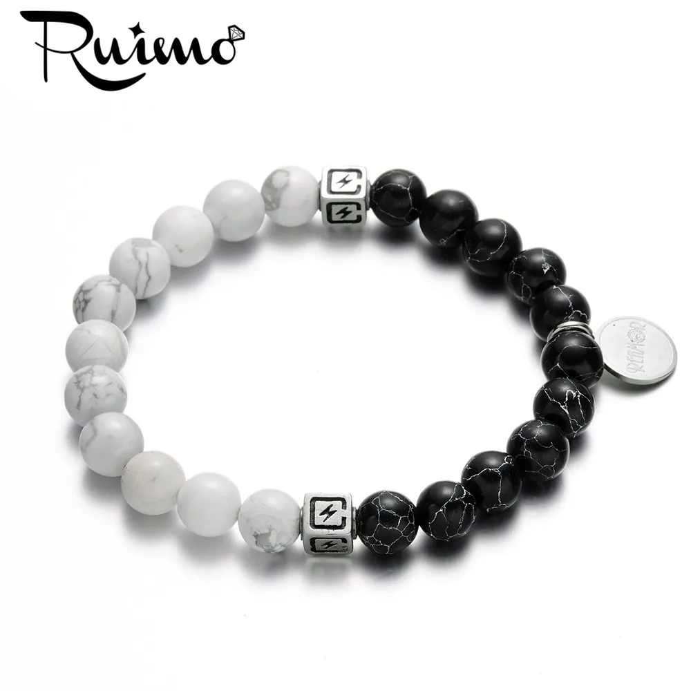 RUIMO Natural White Howlite and Black Turquoises Beaded Yin Yang Bracelets Stainless Steel Charms Bracelet Men Women Jewelry
RUIMO Natural White Howlite and Black Turquoises Beaded Yin Yang Bracelets Stainless Steel Charms Bracelet Men Women Jewelry
