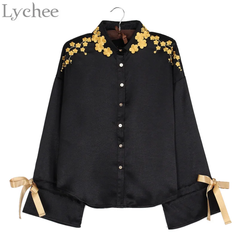 Lychee Spring Autumn Women Blouse Golden Plum Blossom Embroidery Bow Tie Casual Loose Flare Sleeve Shirt
Lychee Spring Autumn Women Blouse Golden Plum Blossom Embroidery Bow Tie Casual Loose Flare Sleeve Shirt