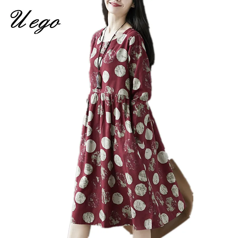 Uego Fashion Printing Dot Floral Vintage Dress Plus Size Long Sleeve Cotton Linen Spring Dress 2019 New Women Casual Midi Dress
Uego Fashion Printing Dot Floral Vintage Dress Plus Size Long Sleeve Cotton Linen Spring Dress 2019 New Women Casual Midi Dress