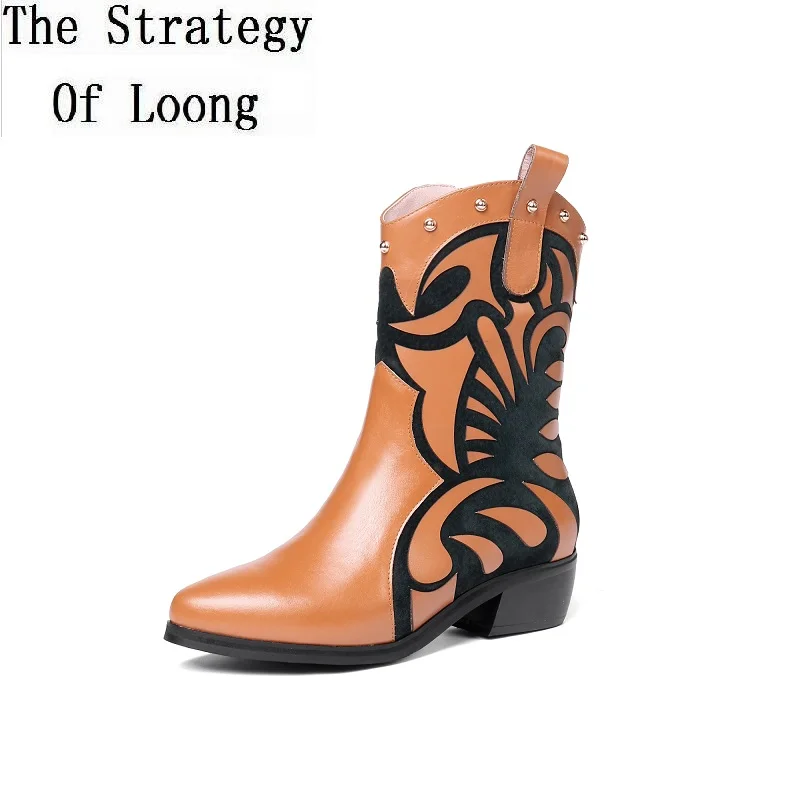 Women New Autumn Winter Genuine Leather Mid-Calf Zip Pointed Toe Med Square heel Rubber Appliques Folk-custom Boots 180922
Women New Autumn Winter Genuine Leather Mid-Calf Zip Pointed Toe Med Square heel Rubber Appliques Folk-custom Boots 180922