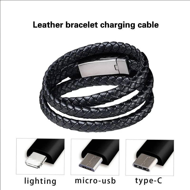 N-K Bracelet Micro USB Charger Charging Data Sync Cable Bracelet for Android Smartphone Black Practical and Popular