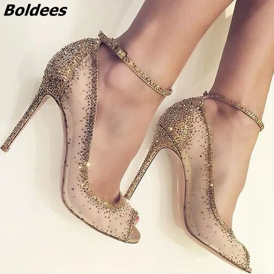 

Charming Golden Glittering Crystal Stiletto Heels Fancy Mesh Lace Peep Toe Pumps Concise Women Line Buckle Style Shoes Hot Sell