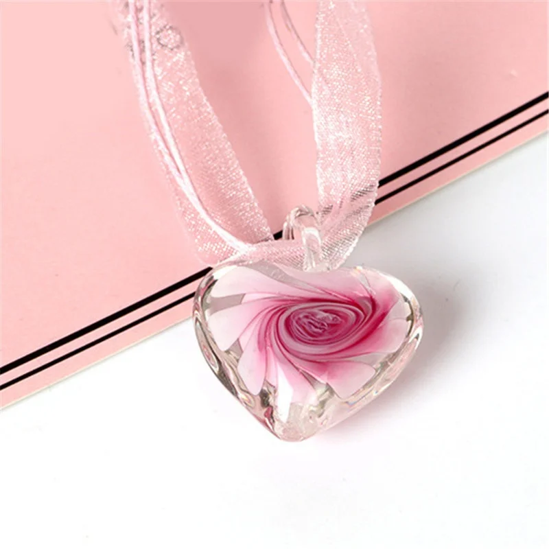 Handmade Luxury Love Heart Necklace Glass Blown Flower Inlaid Spiral Ribbon*