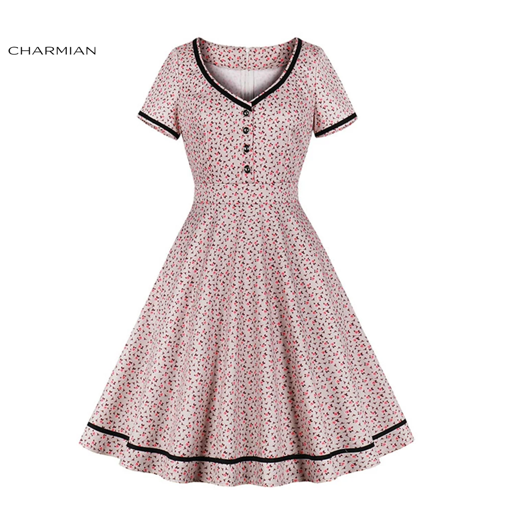 Charmian Women's Vintage Rockabilly Floral Pattern Black Trims V Neckline Short Sleeve High Waist Swing Dress
Charmian Women's Vintage Rockabilly Floral Pattern Black Trims V Neckline Short Sleeve High Waist Swing Dress