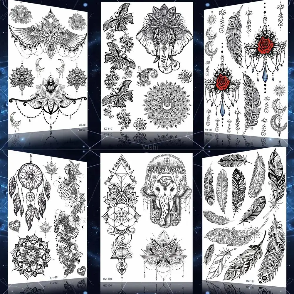 

India God Genasha Tattoos Stickers For Women Mandala Floral Henna Lace Tatoos Temporary For Girl Black Arm Tattoo Hamsa Hand