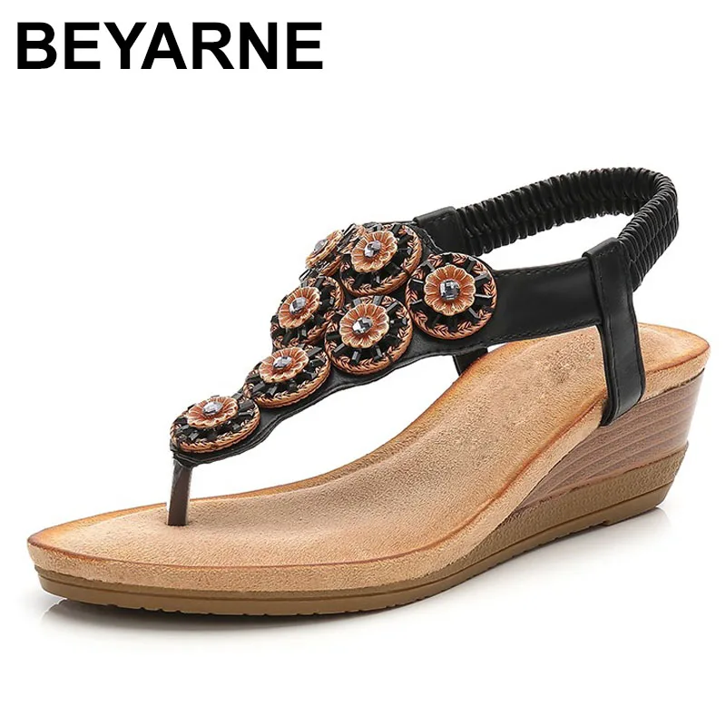 

BEYARNE 2019 Summer Women Wedge Gladiator sandals Flip Flop Shoes Women Bohemia Crystal Flower Casual Beach Sandals 36-42E676