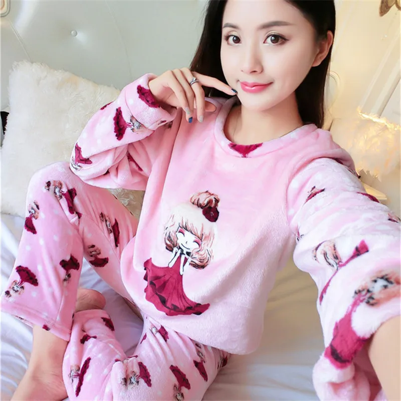 

Autumn and Winter Women Pyjamas Sets Thick Warm Coral Velvet Suit Flannel Long Sleeve Female Cartoon Bear Animal Pants Sleepwear