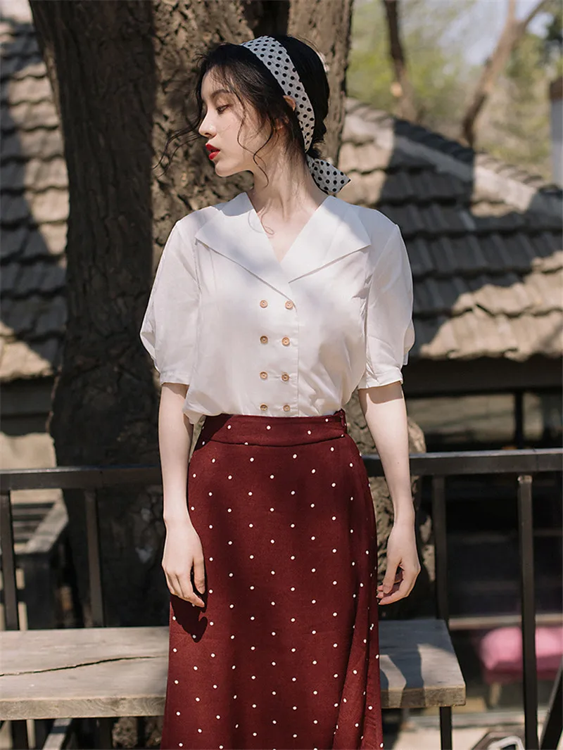 French Girls Fashion Two-piece Dress Suits Summer 2019 Women V Neck Slim Shirt&Retro Polka Dot Skirt Sets Fairy 2pc Outfits
French Girls Fashion Two-piece Dress Suits Summer 2019 Women V Neck Slim Shirt&Retro Polka Dot Skirt Sets Fairy 2pc Outfits