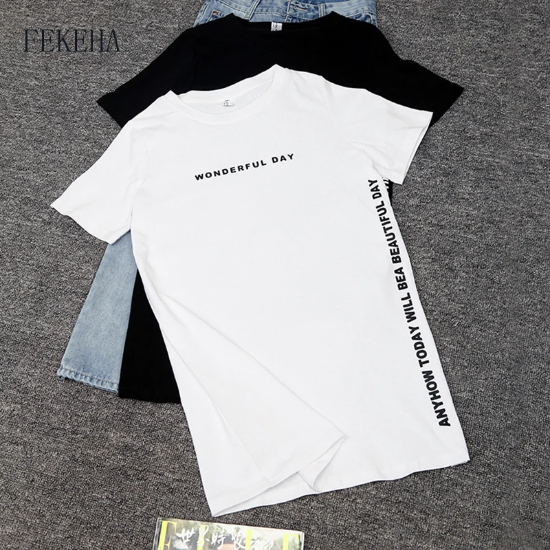 

FEKEHA Summer T-Shirt Women Side Split Sexy Long T shirt Women 2019 New Letter Print Black White Cotton Harajuku Tops