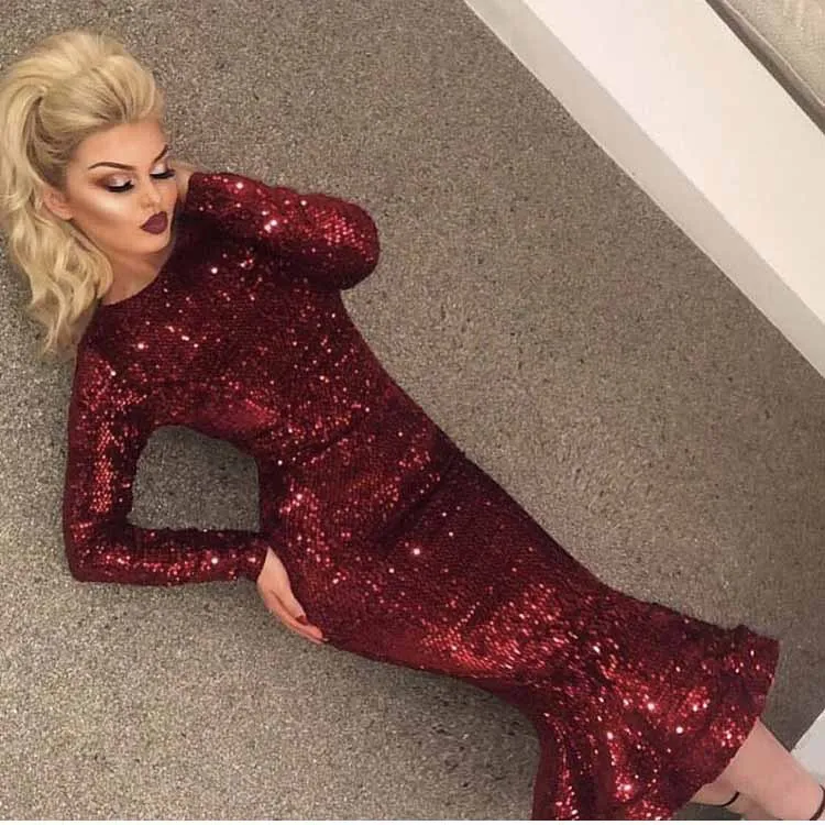 New Arrival Burgundy O Neck Long Sleeve Bling Bling Sequin Lace Tea Length Mermaid Prom Dresses 2019
New Arrival Burgundy O Neck Long Sleeve Bling Bling Sequin Lace Tea Length Mermaid Prom Dresses 2019