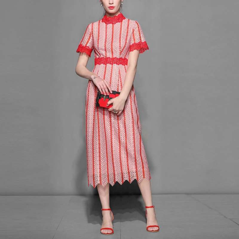2019 Summer Vintage Red Striped Lace Mid-Calf Dress Women Short Sleeve Elegant Slim Pencil Dress Vestidos
2019 Summer Vintage Red Striped Lace Mid-Calf Dress Women Short Sleeve Elegant Slim Pencil Dress Vestidos