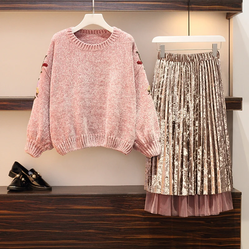 2019 new women 2 pieces skirts suits knitted flower embroidery sweaters and pleated skirts lady pink elegant skirt suits
2019 new women 2 pieces skirts suits knitted flower embroidery sweaters and pleated skirts lady pink elegant skirt suits