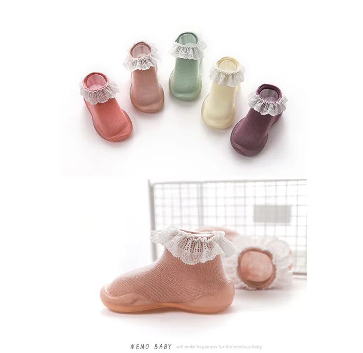 Baby Socks With Rubber Soles toddler girls shoe bebe knitted slippers walker soft shoes boy girls Anti-skid Soft Socks with Lace-edged (5)