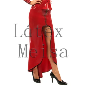Sexy women's red A-line latex long skirt attached front zip and decorative with black trim color
Sexy women's red A-line latex long skirt attached front zip and decorative with black trim color