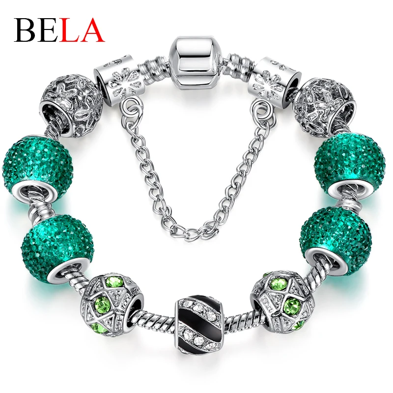DIY Silver Bracelet w/ Green Beads Charm for Women