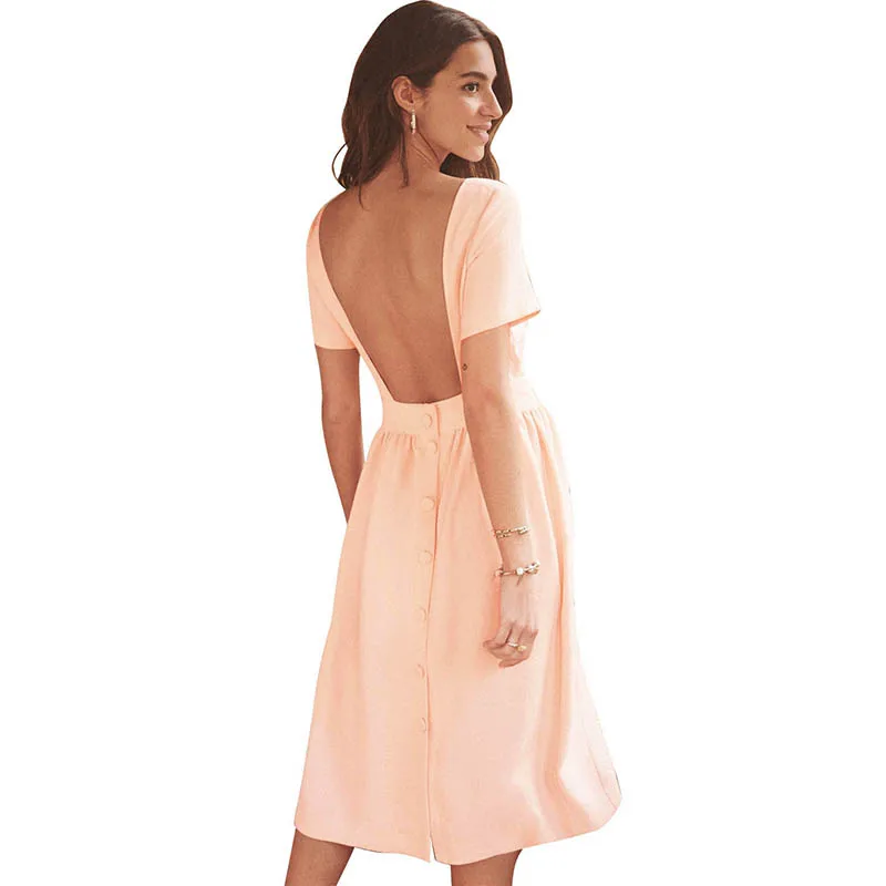 Anself Women Black Dress Solid Color Open Back Side Pockets Buttons Pink Dress High Waist Midi A-Line Elegant Party Wear 2019
Anself Women Black Dress Solid Color Open Back Side Pockets Buttons Pink Dress High Waist Midi A-Line Elegant Party Wear 2019