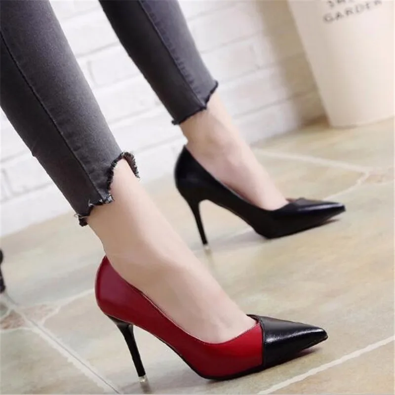 

2019 Women Pumps OL Fashion Spell Color High heels Single Shoes Female Spring Summer Patent leather Wedding Party shoes Woman