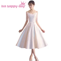 girls 8th grade high school sleeved off the shoulder graduation special occasion dresses in champagne tea for teens H4282 image