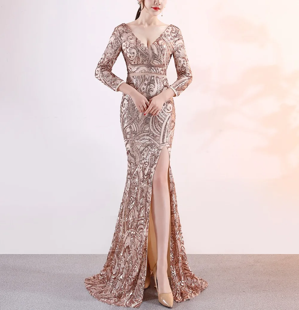 Woman Sexy V neck Side Slit Sequins Mermaid Formal Evening Dress 3/4 Sleeves Floor Length long train Bridal Gown 2019
Woman Sexy V neck Side Slit Sequins Mermaid Formal Evening Dress 3/4 Sleeves Floor Length long train Bridal Gown 2019