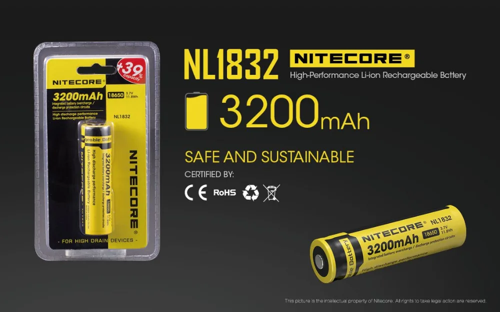 

100% Original NITECORE NL1823/NL1826/NL1832/NL1834/NL1835 3.7V Li-ion Protected Battery Button Top for 18650 Type Flashlights