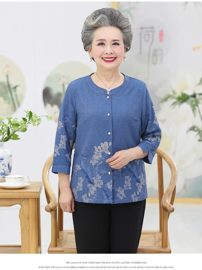 Grandma Mother Shirts Red Blue Green Flower Pattern Print Tops Women Round Collar Three Quarter Sleeve Blouses Button Front Shirt Woman Top (12)