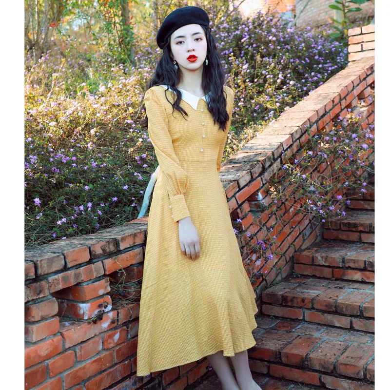 Vintage Yellow Midi Dress Women Elegant Plaid Long Sleeve Party Casual Swing Dresses Mid-Calf Vestidos
Vintage Yellow Midi Dress Women Elegant Plaid Long Sleeve Party Casual Swing Dresses Mid-Calf Vestidos