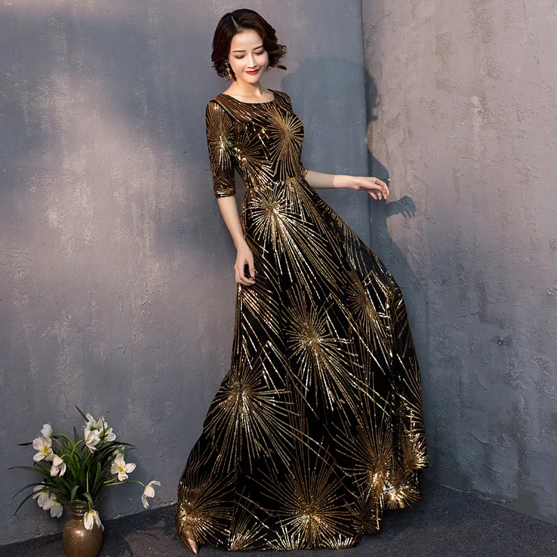 Gorgeous Long Prom Dresses 2019 Scoop Sleeves Gown Shiny Sequined Formal Dress Women Occasion Party Robe De Soiree | Свадьбы и