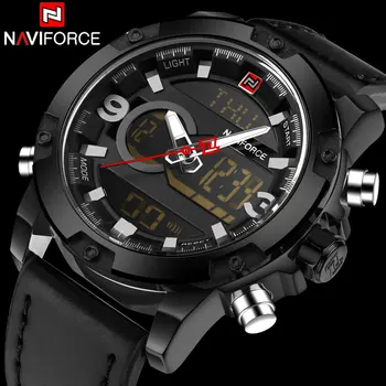 

Men Sport Watches NAVIFORCE Brand Dual Display Watch LED Digital Analog Watch Leather Quartz-Watch 30M Waterproof Wristwatches