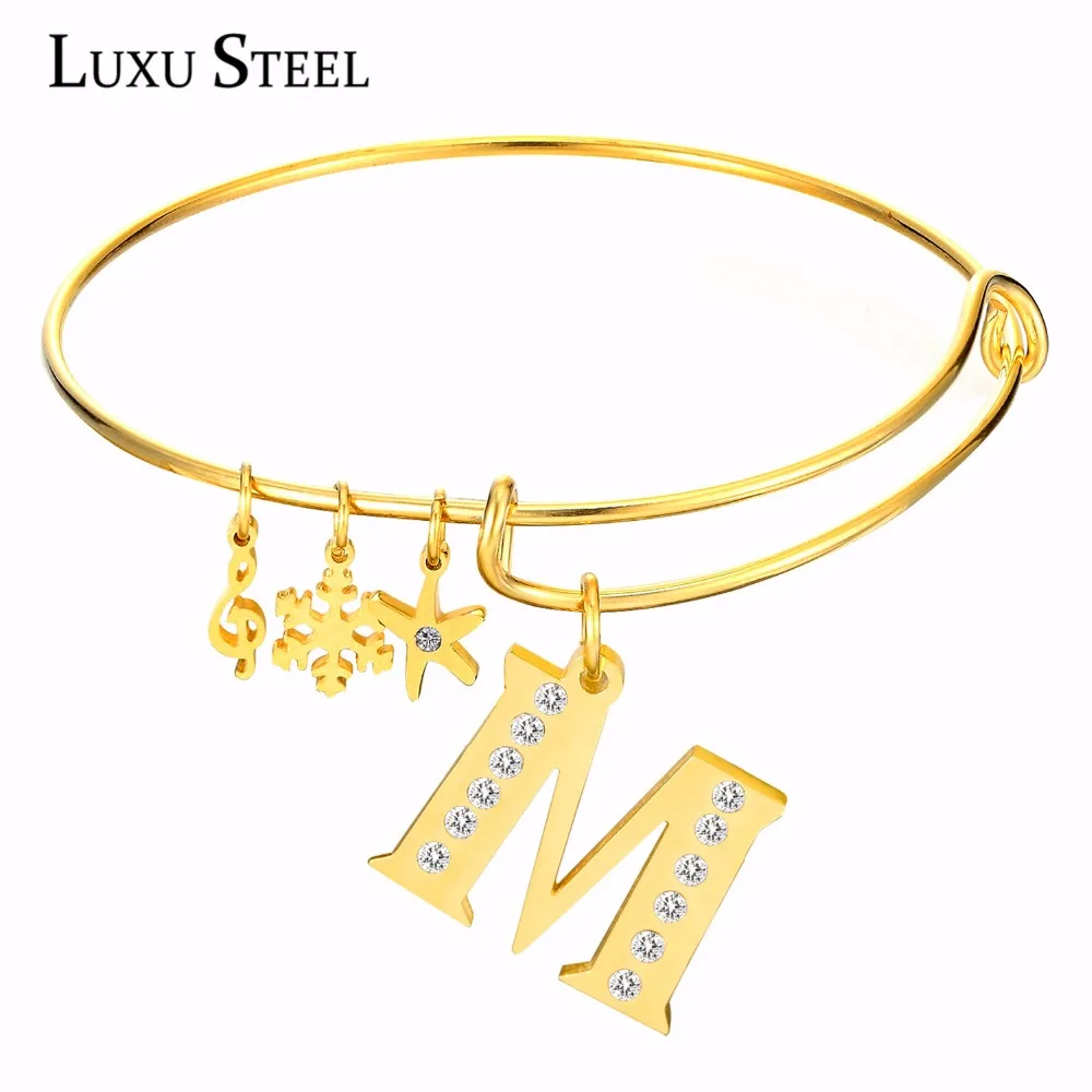 LUXUSTEEL Stainless Steel Expandable Wire Bangle Gold Color Letter Pendants With Cubic Zirconia Bracelets Bangles For Women/Girl
LUXUSTEEL Stainless Steel Expandable Wire Bangle Gold Color Letter Pendants With Cubic Zirconia Bracelets Bangles For Women/Girl