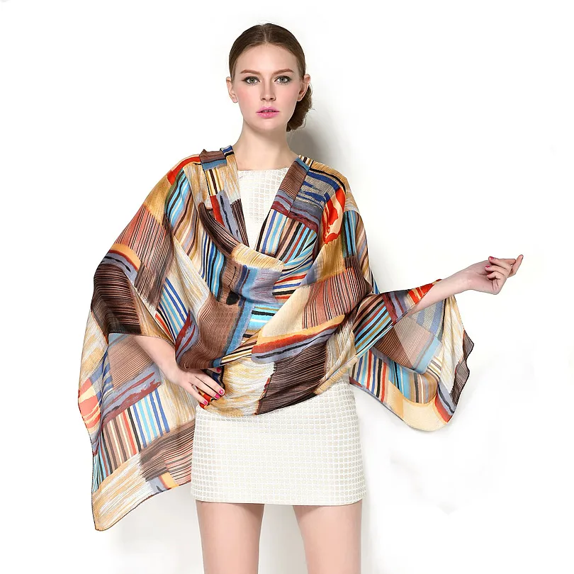 MAISUN Women's Silk Satin Scarf w/ Striped Pattern 180x70cm