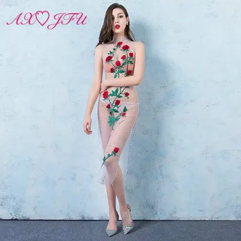 AXJFU flower Perspective dress sexy banquet hall etiquette illusion halter neck beading crystal red rose model evening dress
AXJFU flower Perspective dress sexy banquet hall etiquette illusion halter neck beading crystal red rose model evening dress