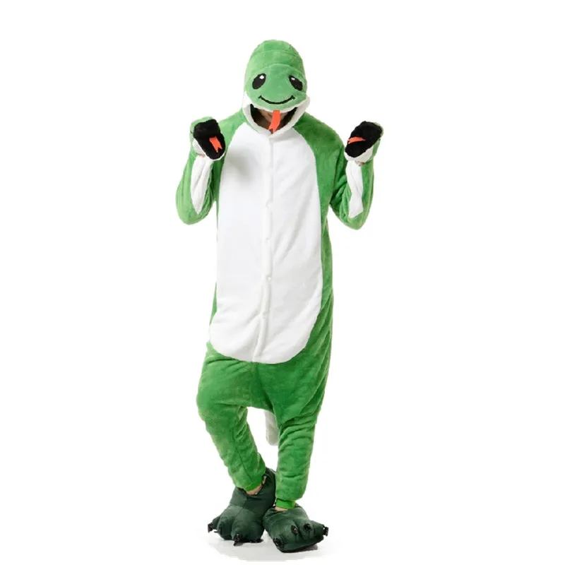 

Adults Flannel Kigurumi Green Snake Animal Onesies Pajamas Halloween Carnival Masquerade Party Cosplay Costume