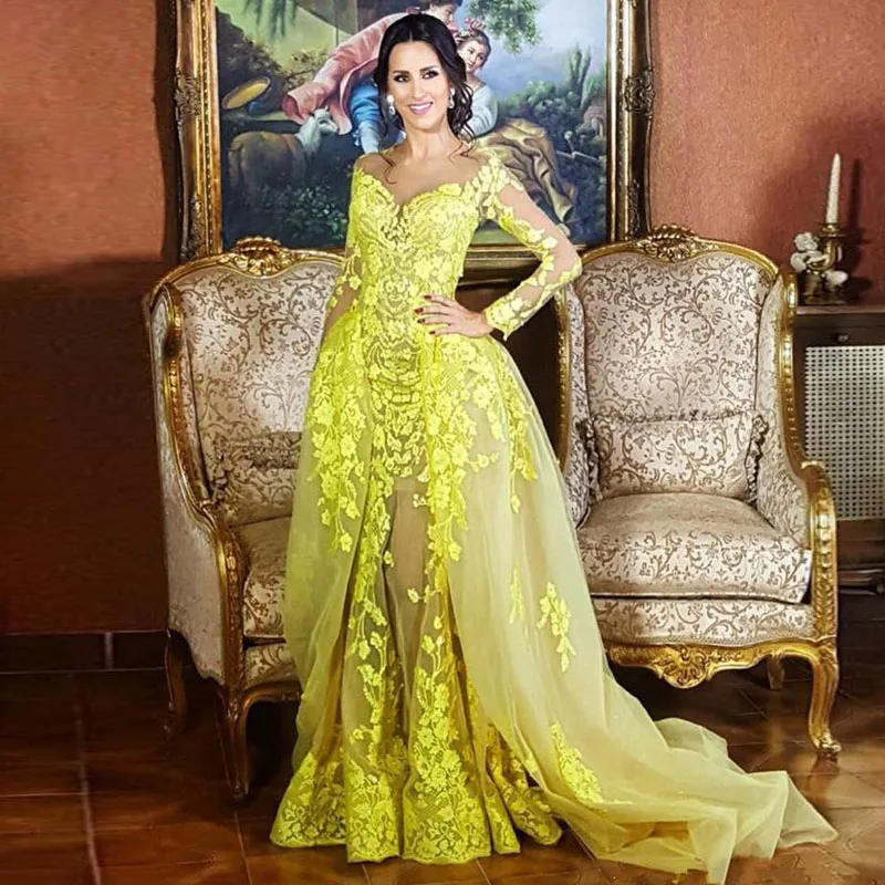 Modest Yellow Mermaid Evening Dresses Detachable Train Lace Appliques Organza Abric Dubai Evening Gown Long Prom Dress Plus Size
Modest Yellow Mermaid Evening Dresses Detachable Train Lace Appliques Organza Abric Dubai Evening Gown Long Prom Dress Plus Size