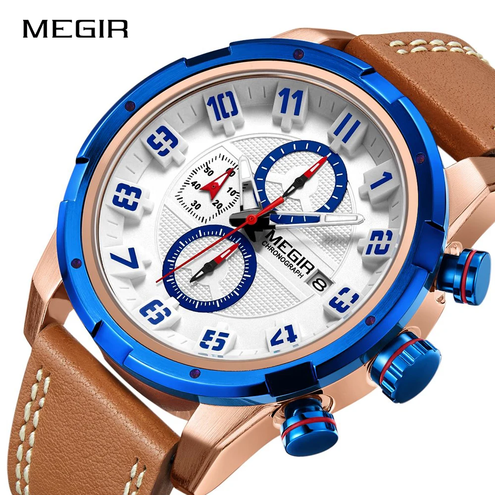 MEGIR Chronograph Leather Strap Sports Watches Men Quartz Clock Creative Luminous Military Man's Wrist Watch Relogio masculino | Наручные
