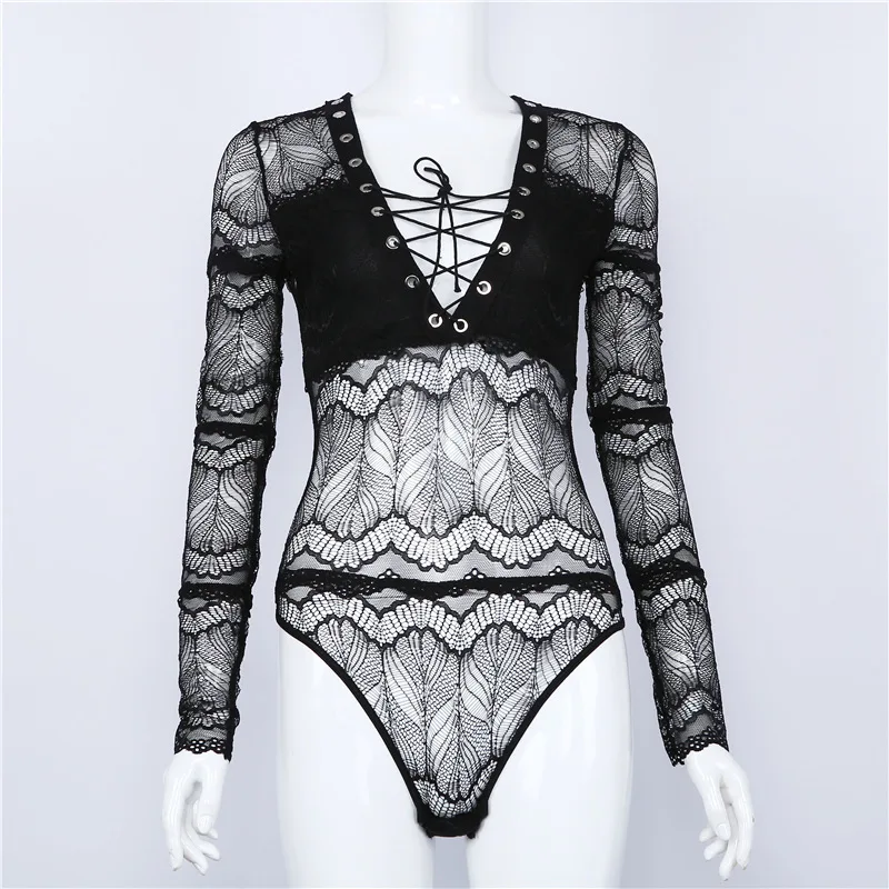 Women Lace-up Deep V transparent lacce bodysuit (12)