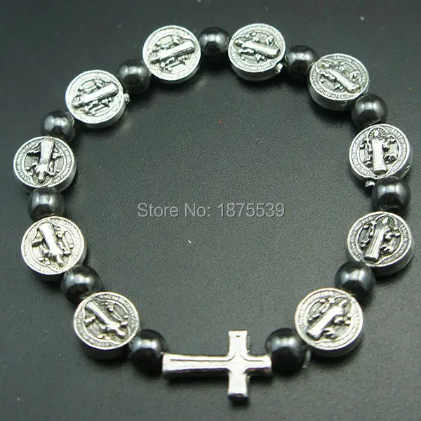Religious charm bracelet with 10 pcs St Benedct metal bead and 11 pcs 6 mm hematite round bead
Religious charm bracelet with 10 pcs St Benedct metal bead and 11 pcs 6 mm hematite round bead
